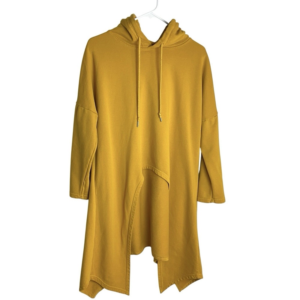 Kate Hewko Womens Asymmetric Tunic Hoodie Size L Mustard Drop Shoulder Artsy - Picture 1 of 7